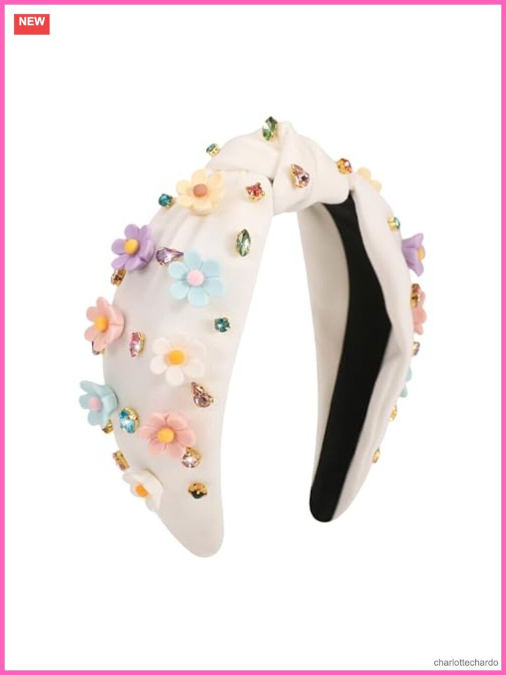 Jeweled Knotted Headband with Floral Charms and Rhinestones